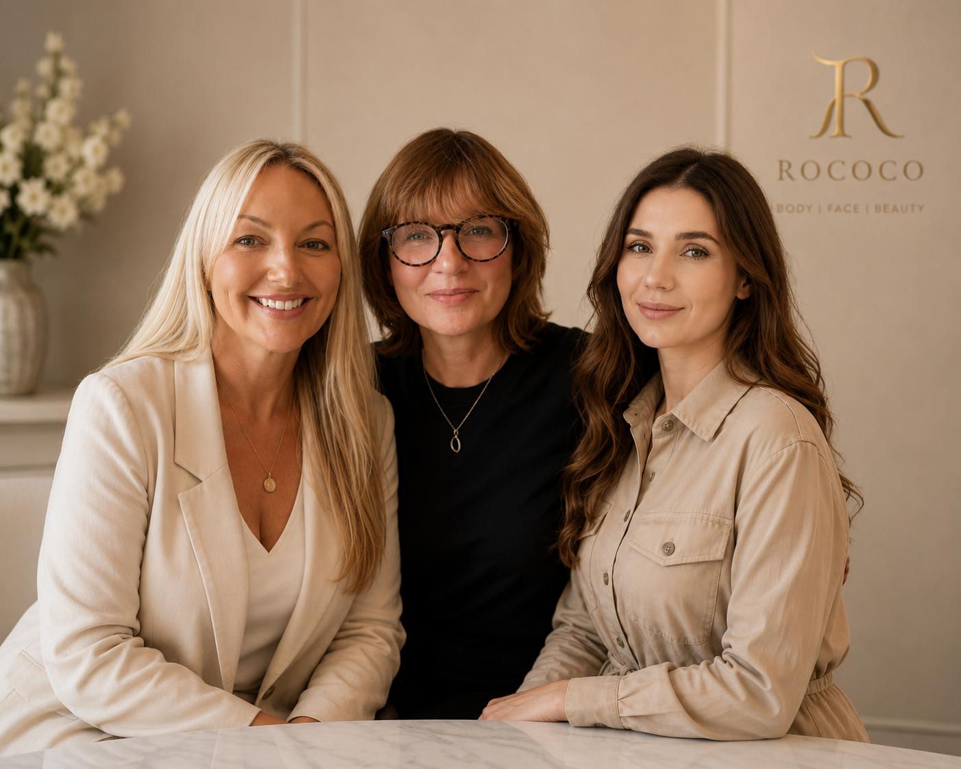 The Rococo team — founder Sarah, Aesthetics Prescriber Dr Miranda Sen and Nail Technician Taisiya Harding at the Torquay clinic